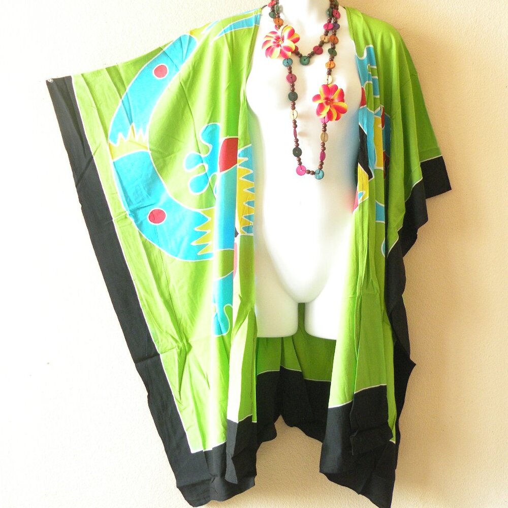 CM54 Gecko Batik Plus 38" Open Hand Painted Cover Up Midi Cardigan fit up to 5X